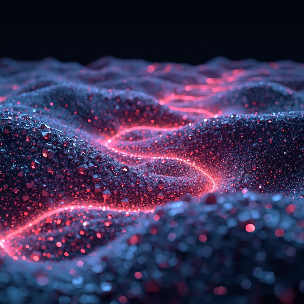 A wide view of a futuristic data center architecture with metallic surfaces reflecting glowing neon blue data streams